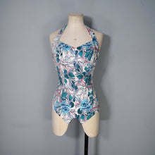 Load image into Gallery viewer, 50s BIG BLUE ROSE FLORAL PRINT SHIRRED COTTON SWIMSUIT - S-M