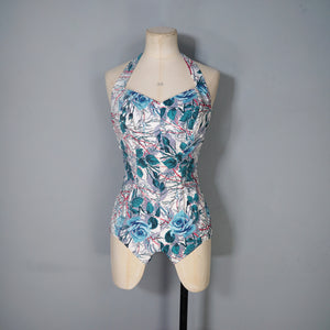 50s BIG BLUE ROSE FLORAL PRINT SHIRRED COTTON SWIMSUIT - S-M