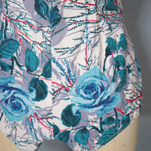 Load image into Gallery viewer, 50s BIG BLUE ROSE FLORAL PRINT SHIRRED COTTON SWIMSUIT - S-M