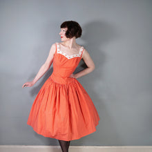 Load image into Gallery viewer, 50s 60s RED POLKA DOT CALIFORNIA COTTONS DRESS WITH DAISY BUTTON TRIM  - S-M