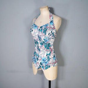 50s BIG BLUE ROSE FLORAL PRINT SHIRRED COTTON SWIMSUIT - S-M