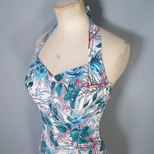 50s BIG BLUE ROSE FLORAL PRINT SHIRRED COTTON SWIMSUIT - S-M