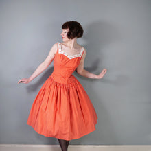 Load image into Gallery viewer, 50s 60s RED POLKA DOT CALIFORNIA COTTONS DRESS WITH DAISY BUTTON TRIM  - S-M