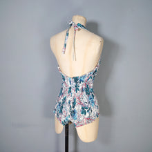 Load image into Gallery viewer, 50s BIG BLUE ROSE FLORAL PRINT SHIRRED COTTON SWIMSUIT - S-M