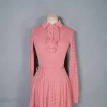 Load image into Gallery viewer, 70s SOFT DUSKY PINK KNIT FIT AND FLARE MIDI DRESS WITH RUFFLE  BIB - S-M