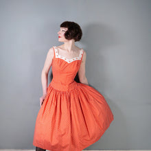 Load image into Gallery viewer, 50s 60s RED POLKA DOT CALIFORNIA COTTONS DRESS WITH DAISY BUTTON TRIM  - S-M