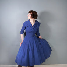 Load image into Gallery viewer, BLUE 50s 60s FIT AND FLARE DRESS WITH BIG COLLAR AND 3/4 SLEEVE - S