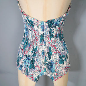 50s BIG BLUE ROSE FLORAL PRINT SHIRRED COTTON SWIMSUIT - S-M