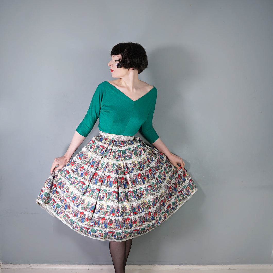 50s 60s WERTHER / FAUST / TRISTAN AND ISOLDE NOVELTY PRINT FULL SKIRT - 28