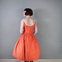 Load image into Gallery viewer, 50s 60s RED POLKA DOT CALIFORNIA COTTONS DRESS WITH DAISY BUTTON TRIM  - S-M
