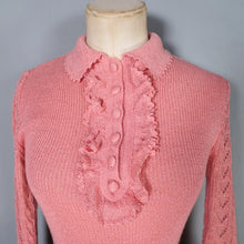 Load image into Gallery viewer, 70s SOFT DUSKY PINK KNIT FIT AND FLARE MIDI DRESS WITH RUFFLE  BIB - S-M