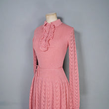 Load image into Gallery viewer, 70s SOFT DUSKY PINK KNIT FIT AND FLARE MIDI DRESS WITH RUFFLE  BIB - S-M