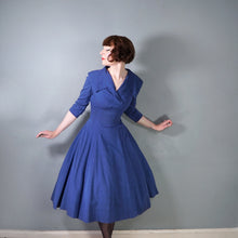 Load image into Gallery viewer, BLUE 50s 60s FIT AND FLARE DRESS WITH BIG COLLAR AND 3/4 SLEEVE - S