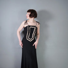 Load image into Gallery viewer, 60s/70s RADLEY BLACK MOSS CREPE STRAPPY MAXI DRESS WITH LACE TRIM - XS