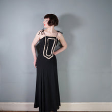 Load image into Gallery viewer, 60s/70s RADLEY BLACK MOSS CREPE STRAPPY MAXI DRESS WITH LACE TRIM - XS
