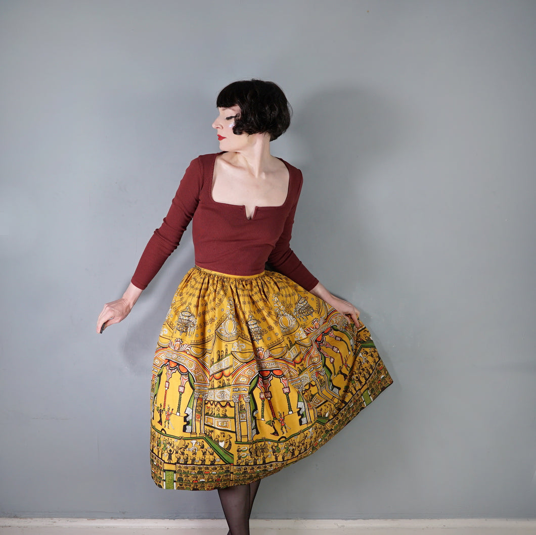 50s RARE SAUL STEINBERG YELLOW NOVELTY OPERA PRINT FULL COTTON SKIRT - 26
