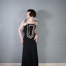 Load image into Gallery viewer, 60s/70s RADLEY BLACK MOSS CREPE STRAPPY MAXI DRESS WITH LACE TRIM - XS