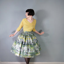 Load image into Gallery viewer, 50s GREEN GREY PAINTERLY LANDSCAPE WITH RUINS FULL COTTON SKIRT -