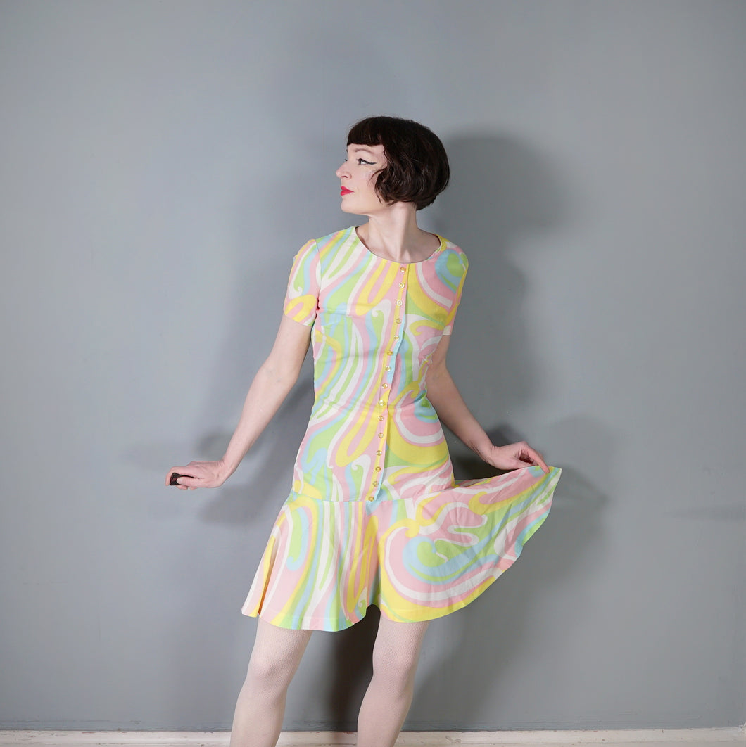 60s JERRIE LURIE SWIRLY PSHYCEDELIC PRINT PASTEL DRESS - S