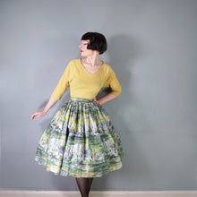 Load image into Gallery viewer, 50s GREEN GREY PAINTERLY LANDSCAPE WITH RUINS FULL COTTON SKIRT -