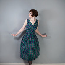 Load image into Gallery viewer, 50s 60s GREEN BLUE AND YELLOW TARTAN / PLAID COTTON DAY DRESS - M