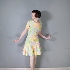 60s JERRIE LURIE SWIRLY PSHYCEDELIC PRINT PASTEL DRESS - S