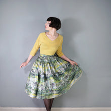 Load image into Gallery viewer, 50s GREEN GREY PAINTERLY LANDSCAPE WITH RUINS FULL COTTON SKIRT -