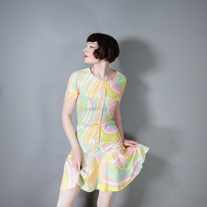 60s JERRIE LURIE SWIRLY PSHYCEDELIC PRINT PASTEL DRESS - S