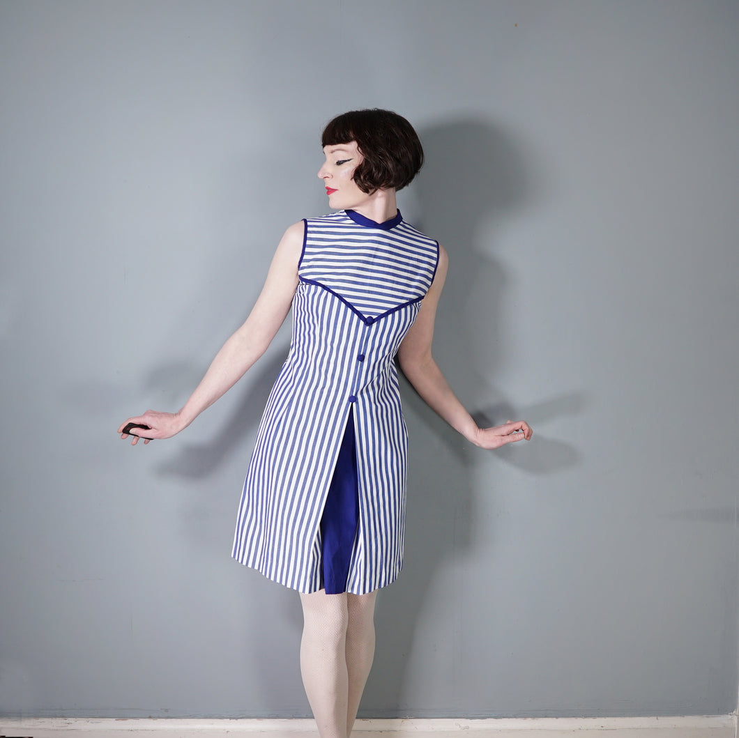 60s BLUE WHITE STRIPED COTTON NAUTICAL MOD DRESS - S