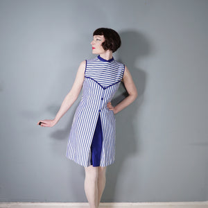 60s BLUE WHITE STRIPED COTTON NAUTICAL MOD DRESS - S