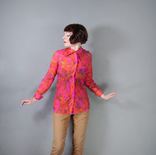 Load image into Gallery viewer, 60s 70s PSYCHEDELIC FLORAL PRINT BRIGHT ORANGE AND PINK SHIRT / BLOUSE - XS-S