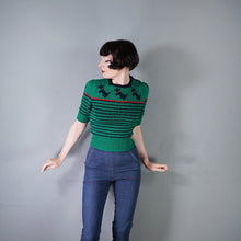 Load image into Gallery viewer, GREEN HANDKNIT TERRIER DOG PATTERN STRIPED CROPPED PUFF SLEEVE JUMPER - XS-S