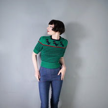 Load image into Gallery viewer, GREEN HANDKNIT TERRIER DOG PATTERN STRIPED CROPPED PUFF SLEEVE JUMPER - XS-S