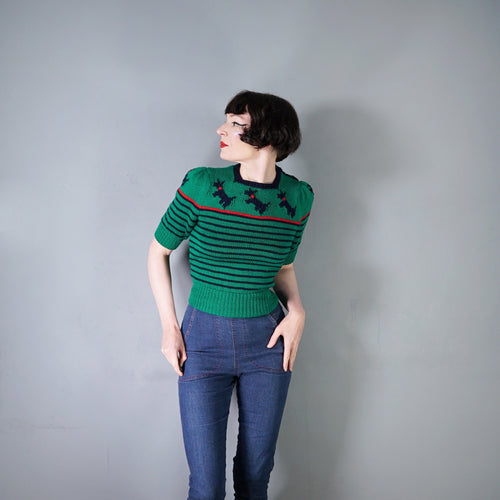 GREEN HANDKNIT TERRIER DOG PATTERN STRIPED CROPPED PUFF SLEEVE JUMPER - XS-S