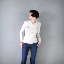 Load image into Gallery viewer, 70s TIGIWEAR WHITE FINE ACRYLIC KNIT JUMPER WITH EMBROIDERED MUSHROOMS - M