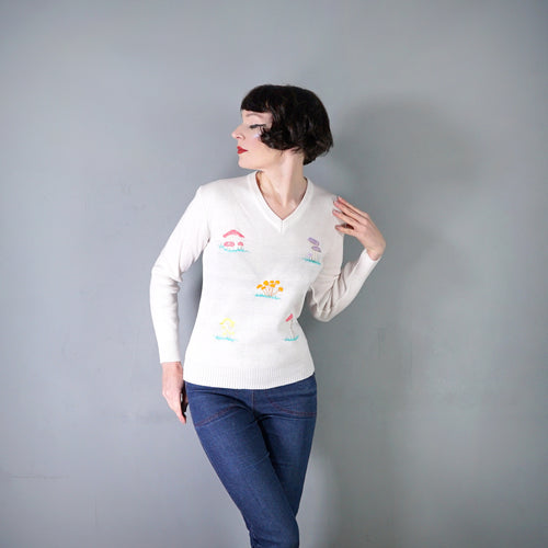 70s TIGIWEAR WHITE FINE ACRYLIC KNIT JUMPER WITH EMBROIDERED MUSHROOMS - M