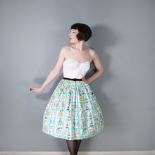 Load image into Gallery viewer, 50s HANDMADE PASTEL BLUE MID CENTURY FOLK PRINT FARMER FULL SKIRT - 26&quot;
