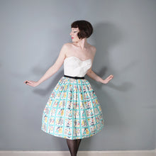 Load image into Gallery viewer, 50s HANDMADE PASTEL BLUE MID CENTURY FOLK PRINT FARMER FULL SKIRT - 26&quot;