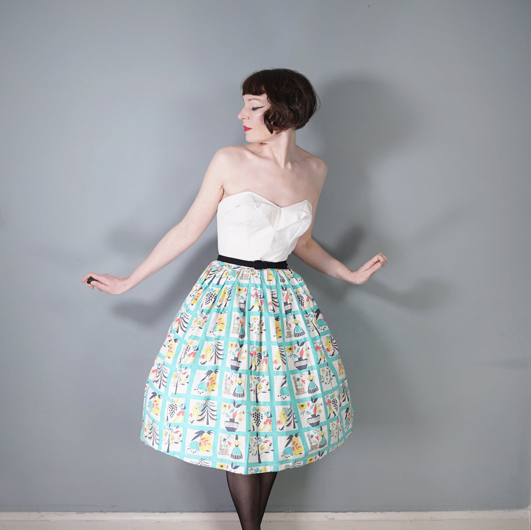 50s HANDMADE PASTEL BLUE MID CENTURY FOLK PRINT FARMER FULL SKIRT - 26