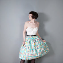 Load image into Gallery viewer, 50s HANDMADE PASTEL BLUE MID CENTURY FOLK PRINT FARMER FULL SKIRT - 26&quot;
