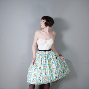 50s HANDMADE PASTEL BLUE MID CENTURY FOLK PRINT FARMER FULL SKIRT - 26"
