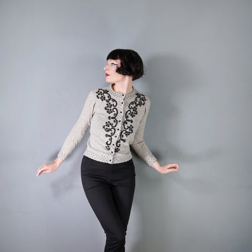 60s GREY MARLED WOOL FITTED CARDIGAN WITH BLACK BEAD EMBELLISHMENT - S