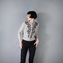 Load image into Gallery viewer, 60s GREY MARLED WOOL FITTED CARDIGAN WITH BLACK BEAD EMBELLISHMENT - S
