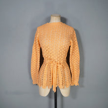 Load image into Gallery viewer, 70s PEACHY ORANGE HAND CROCHETED LACE SLEEVE TOP - S