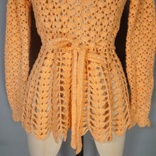 Load image into Gallery viewer, 70s PEACHY ORANGE HAND CROCHETED LACE SLEEVE TOP - S