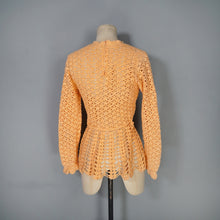 Load image into Gallery viewer, 70s PEACHY ORANGE HAND CROCHETED LACE SLEEVE TOP - S