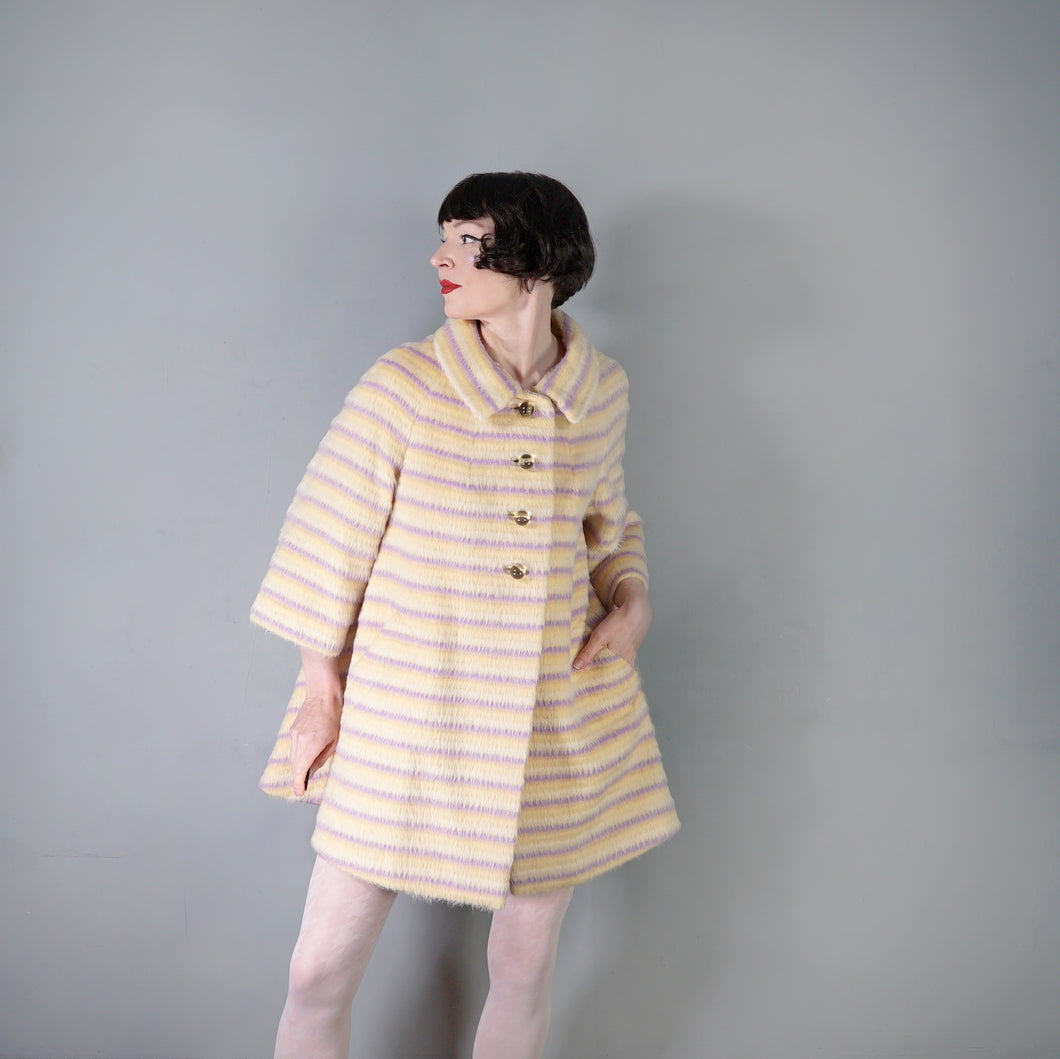 50s 60s CLAREWOOD PASTEL YELLOW AND PURPLE STRIPE FUZZY MOHAIR SWING COAT - S-M