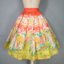 Load image into Gallery viewer, 50s RED AND LIME GREEN PAINTERLY VILLAGE PRINT NOVELTY COTTON FULL SKIRT - 25"