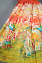 Load image into Gallery viewer, 50s RED AND LIME GREEN PAINTERLY VILLAGE PRINT NOVELTY COTTON FULL SKIRT - 25"