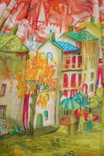 Load image into Gallery viewer, 50s RED AND LIME GREEN PAINTERLY VILLAGE PRINT NOVELTY COTTON FULL SKIRT - 25"